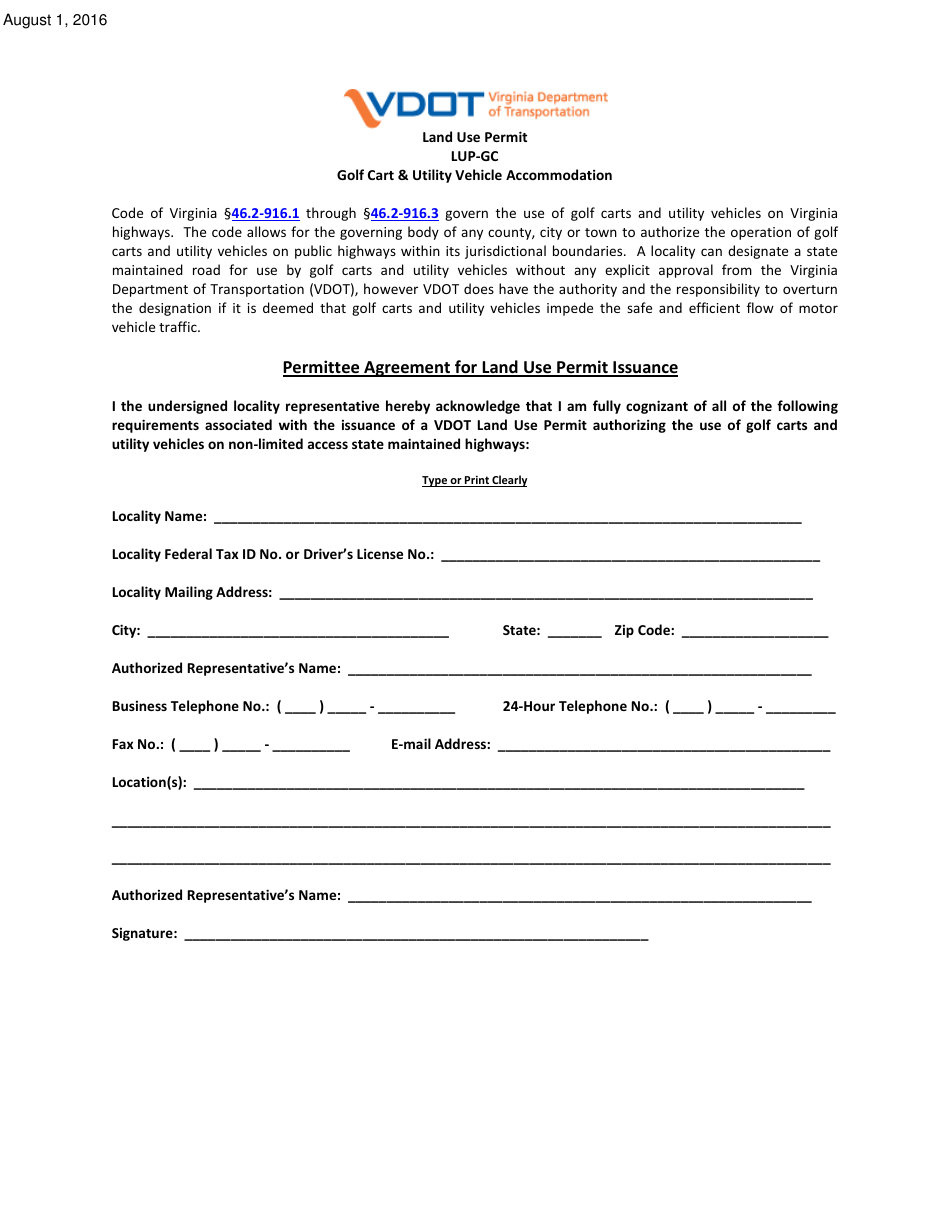Form LUP-GC Land Use Permit - Golf Cart  Utility Vehicle Accommodation - Virginia, Page 1