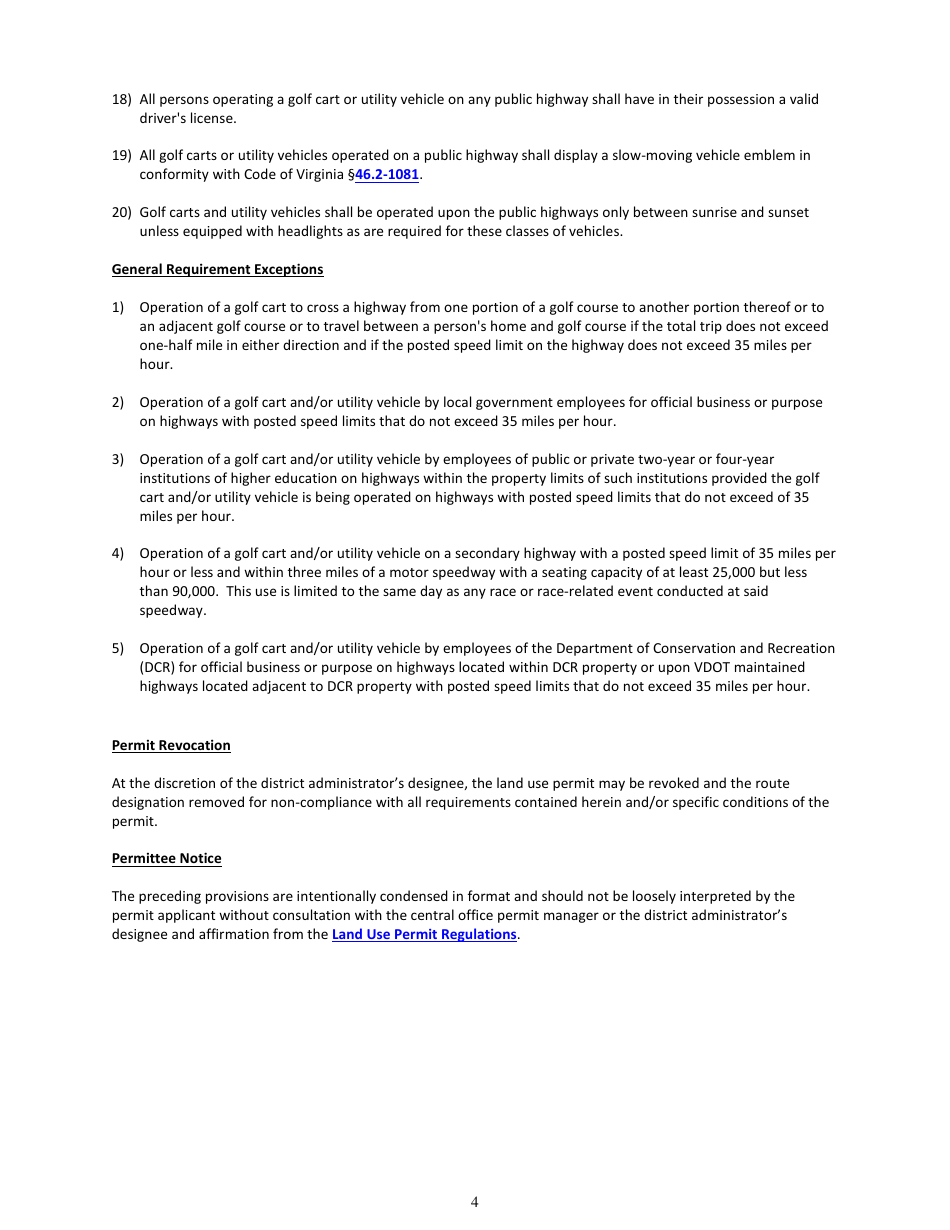 Form LUP-GC Land Use Permit - Golf Cart  Utility Vehicle Accommodation - Virginia, Page 4
