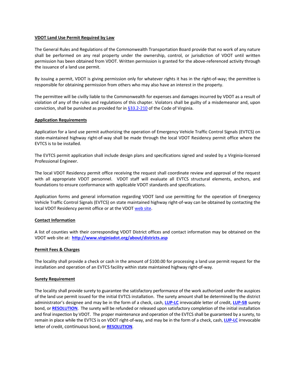 Form LUP-EVTCS Land Use Permit - Permit for Emergency Vehicle Traffic Control Signal (Evtcs) - Virginia, Page 2