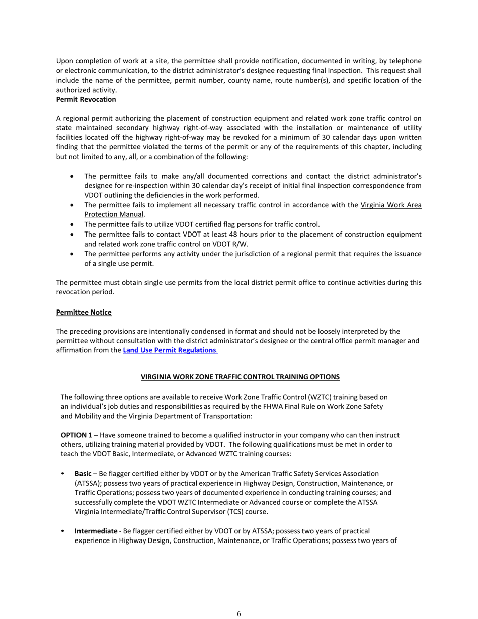 Form LUP-RWZU Land Use Permit - Regional Permit - Work Zone Traffic Control for Utility Work Located off Right-Of-Way - Virginia, Page 6