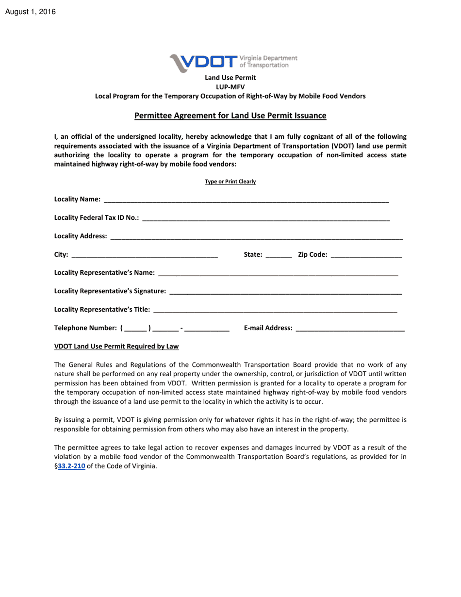 Form LUP-MFV Land Use Permit - Local Program for the Temporary Occupation of Right-Of-Way by Mobile Food Vendors - Virginia, Page 1