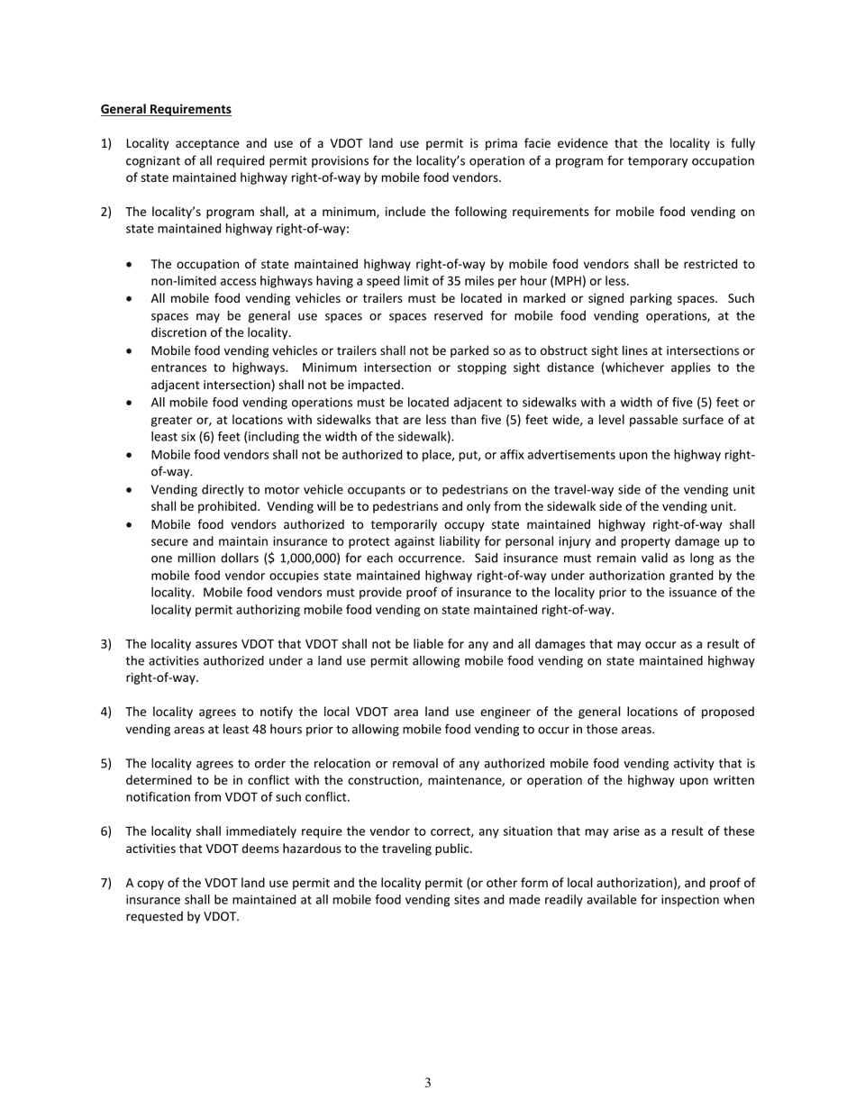 Form LUP-MFV Land Use Permit - Local Program for the Temporary Occupation of Right-Of-Way by Mobile Food Vendors - Virginia, Page 3