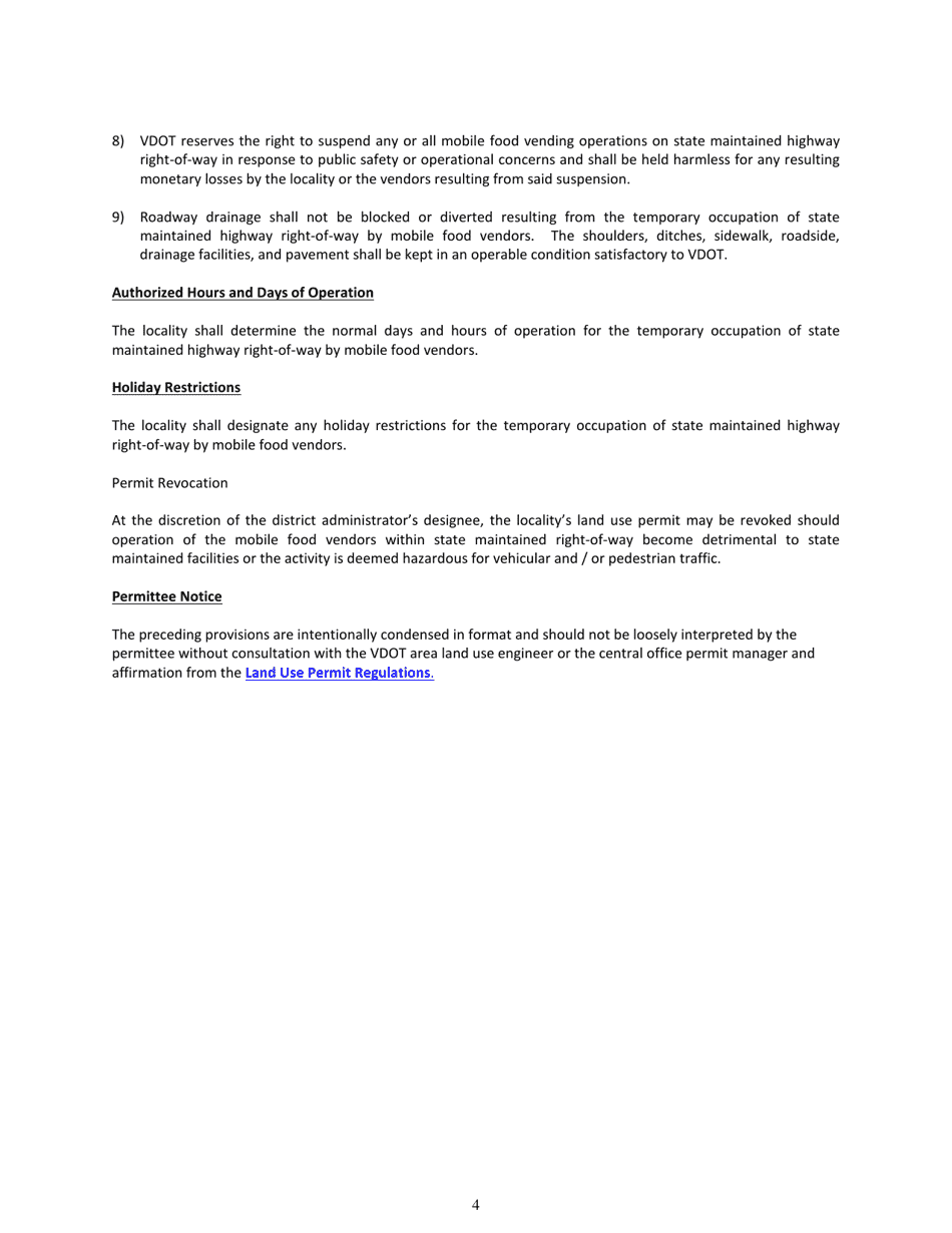 Form LUP-MFV Land Use Permit - Local Program for the Temporary Occupation of Right-Of-Way by Mobile Food Vendors - Virginia, Page 4