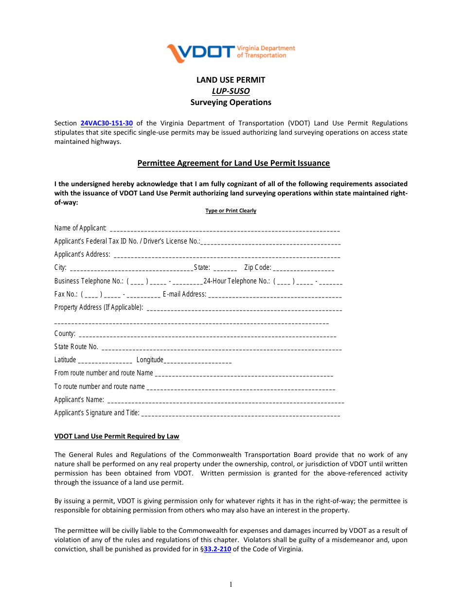 Form LUP-SUSO Land Use Permit - Surveying Operations - Virginia, Page 1