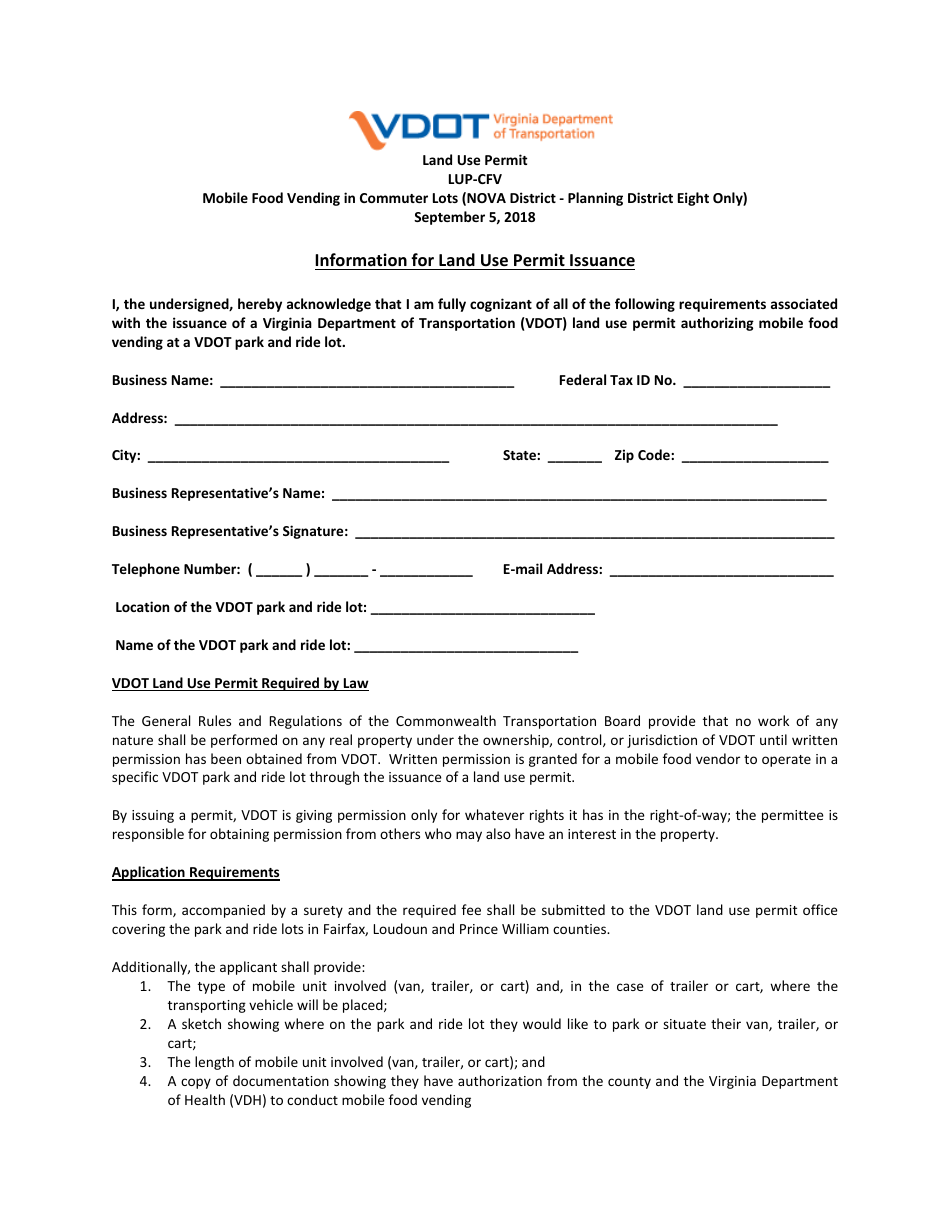 Form LUP-CFV Land Use Permit - Mobile Food Vending in Commuter Lots (Nova District - Planning District Eight Only) - Virginia, Page 1