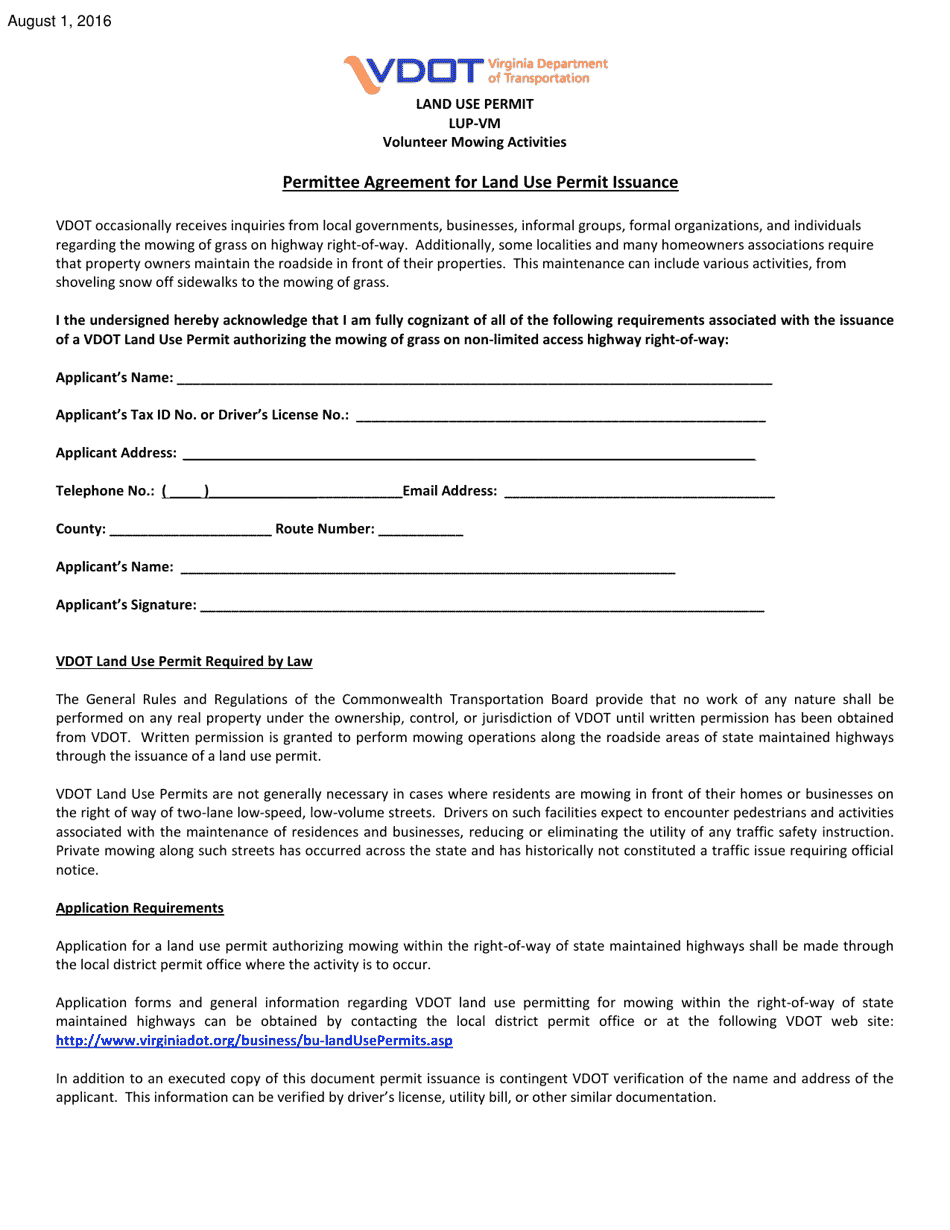 Form LUP-VM Land Use Permit - Volunteer Mowing Activities - Virginia, Page 1