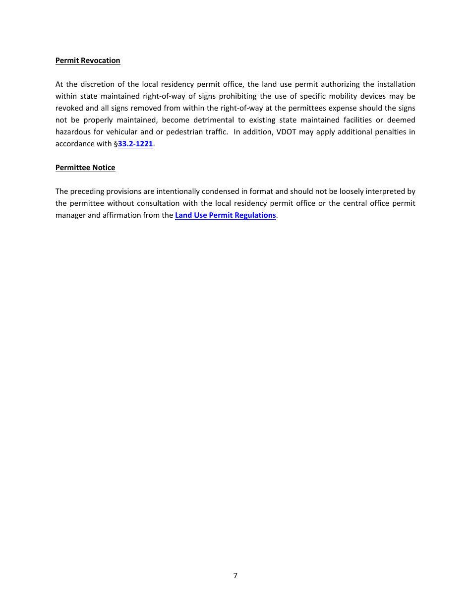 Form LUP-PSMD Land Use Permit - Sign Installation for the Prohibition of Specific Mobility Devices - Virginia, Page 7