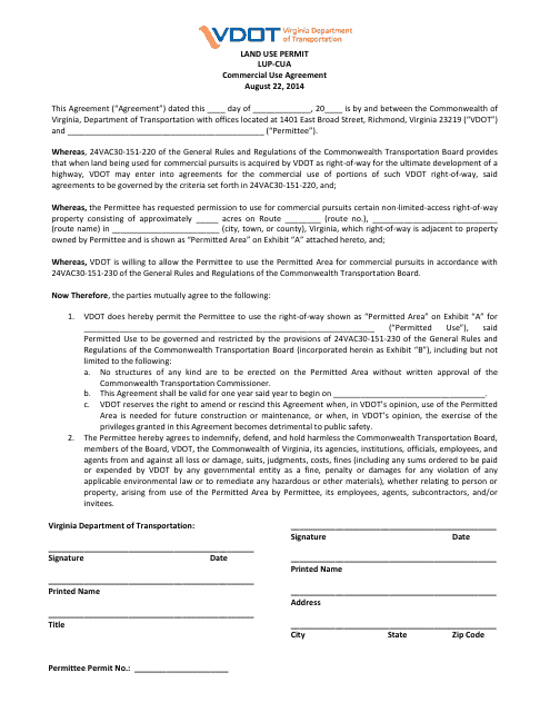 Form LUP-CUA Land Use Permit - Commercial Use Agreement - Virginia