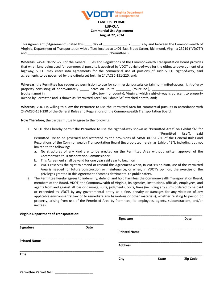 Form LUP-CUA Land Use Permit - Commercial Use Agreement - Virginia, Page 1