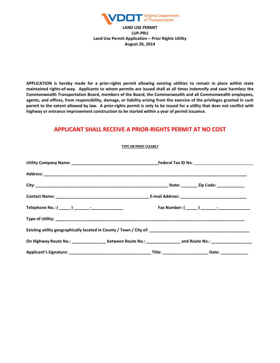 Form LUP-PRU Land Use Permit Application - Prior Rights Utility - Virginia, Page 1