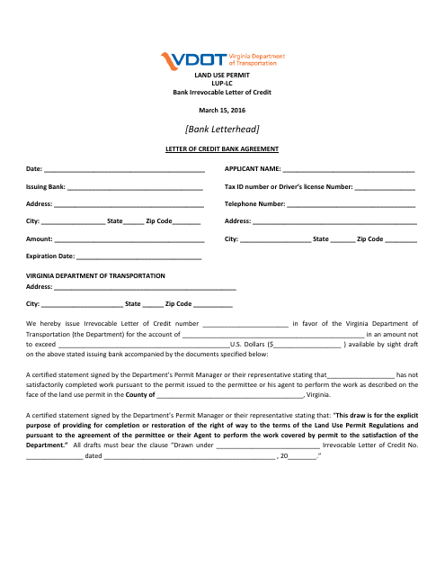 Form LUP-LC Land Use Permit - Bank Irrevocable Letter of Credit - Virginia
