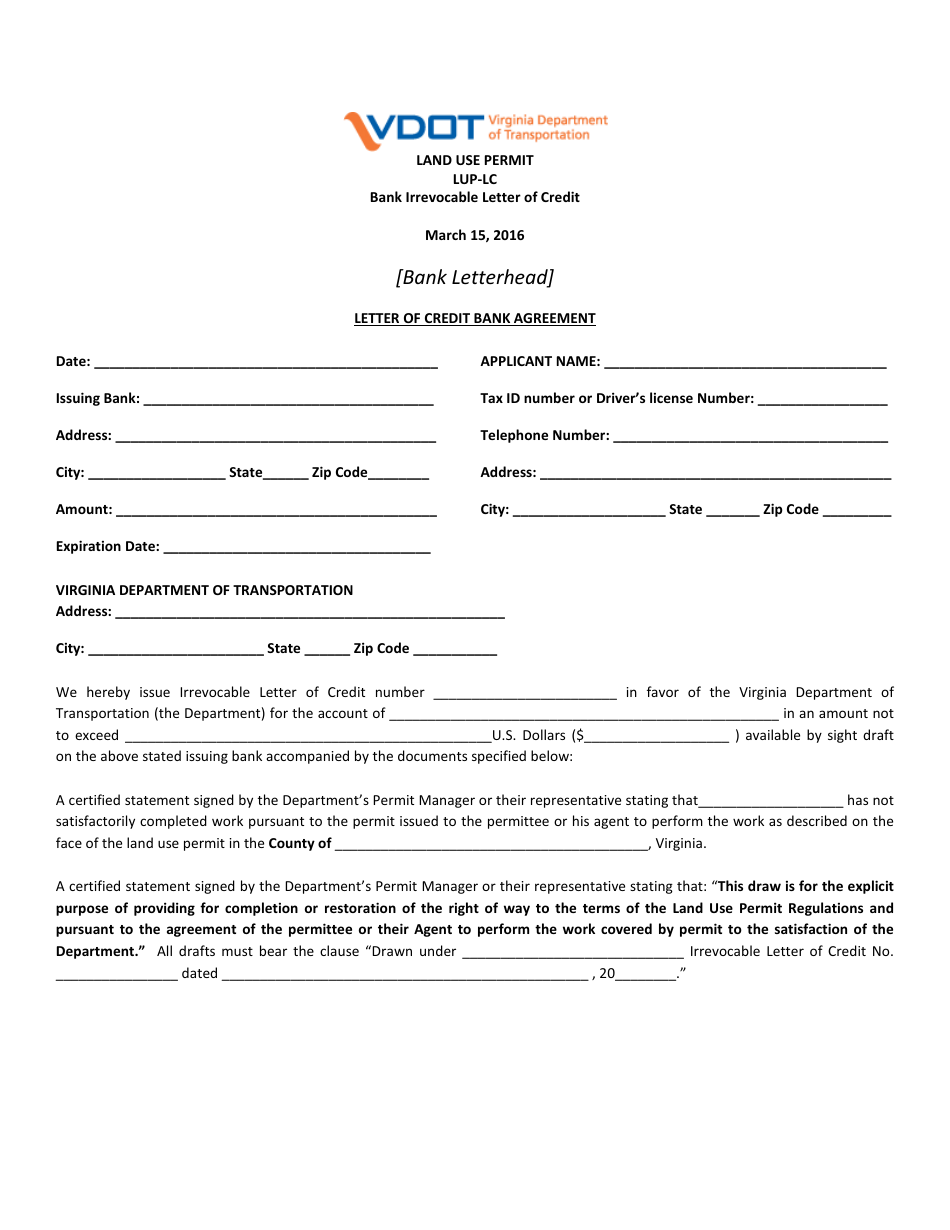 Form LUP-LC Land Use Permit - Bank Irrevocable Letter of Credit - Virginia, Page 1