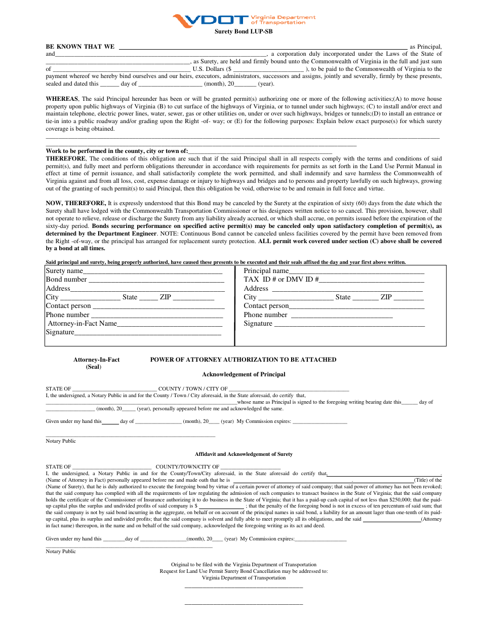 Form LUP-SB Surety Bond - Virginia, Page 1