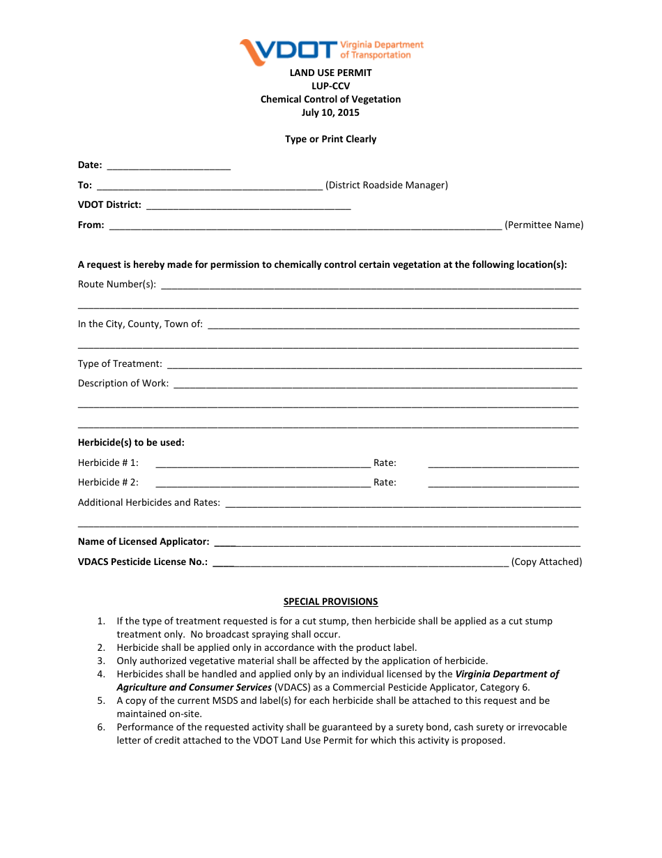 Form LUP-CCV Land Use Permit - Chemical Control - Vegetation - Virginia, Page 1