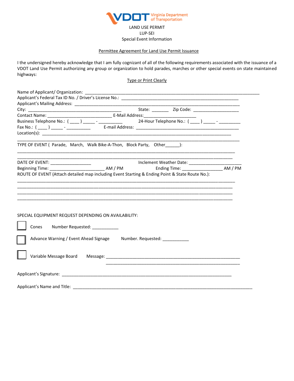 Form LUP-SEI Land Use Permit - Special Event Information - Virginia, Page 1