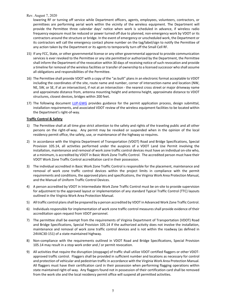 Form LUP-SUSCF Land Use Permit - Single-Use Permit - Wireless Small Cell Facilities (Co-location) - Virginia, Page 5