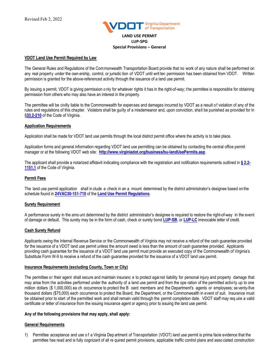 Form LUP-SPG Land Use Permit - Special Provisions - General - Virginia, Page 1