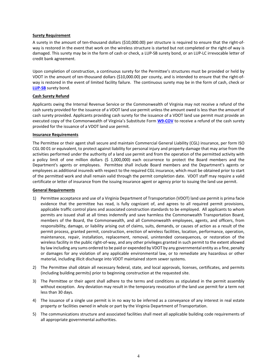 Form LUP-SUWSS Land Use Permit - Single-use Permit - Wireless Support Structure - Virginia, Page 4
