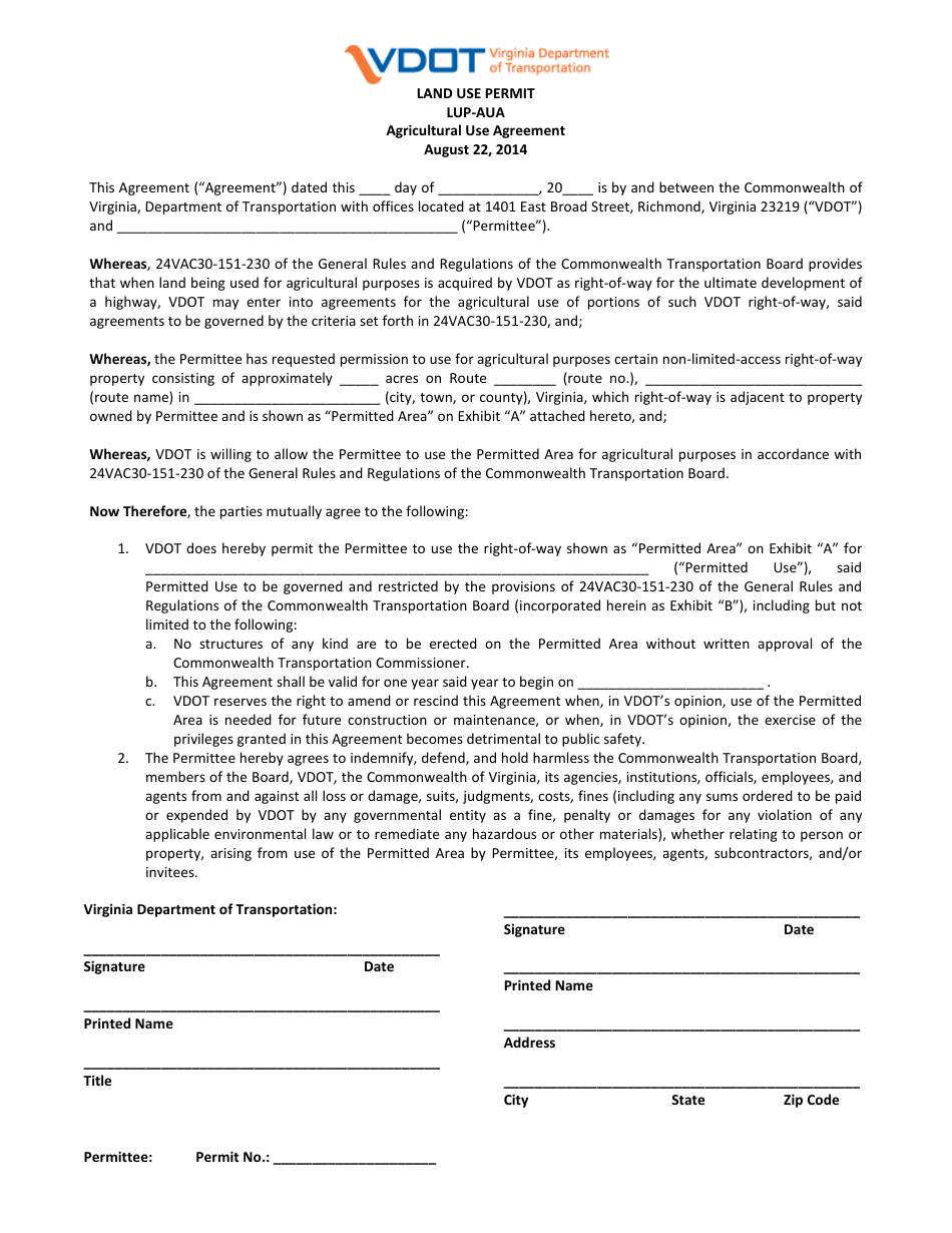Form LUP-AUA Land Use Permit - Agricultural Use Agreement - Virginia, Page 1
