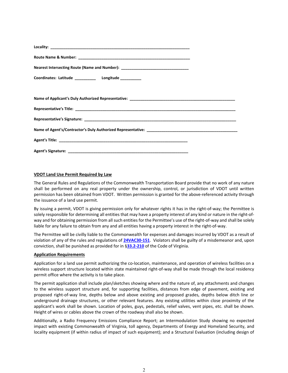 Form LUP-SUWFC Land Use Permit - Single Use Permit - Wireless Facility Co-location on an Existing Wireless Support Structure - Virginia, Page 2
