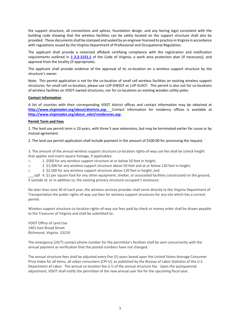Form LUP-SUWFC Land Use Permit - Single Use Permit - Wireless Facility Co-location on an Existing Wireless Support Structure - Virginia, Page 3