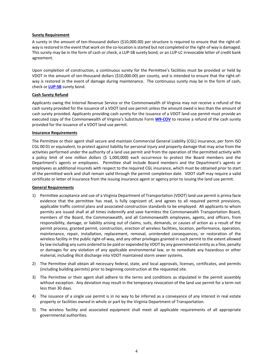 Form LUP-SUWFC Land Use Permit - Single Use Permit - Wireless Facility Co-location on an Existing Wireless Support Structure - Virginia, Page 4