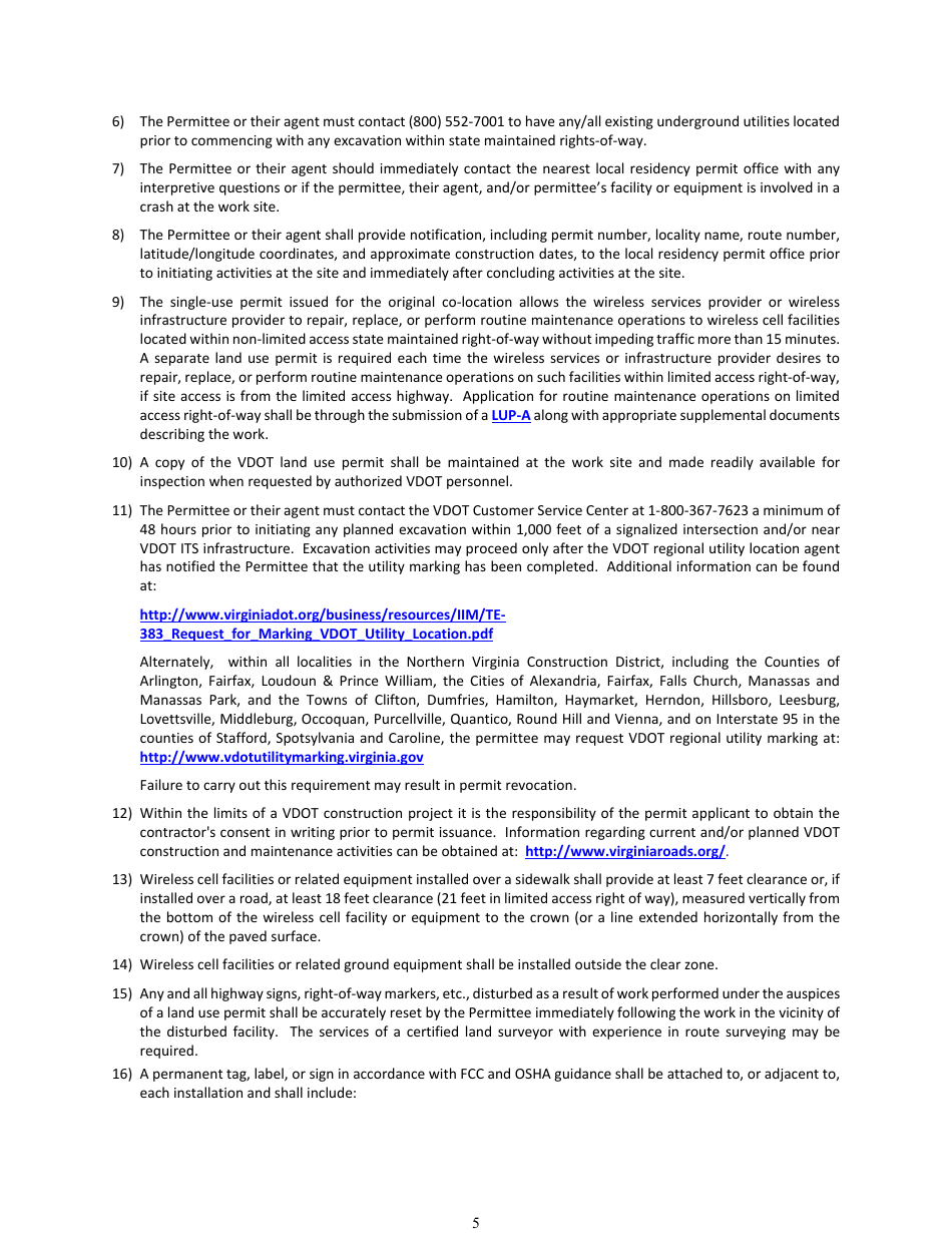 Form LUP-SUWFC Land Use Permit - Single Use Permit - Wireless Facility Co-location on an Existing Wireless Support Structure - Virginia, Page 5