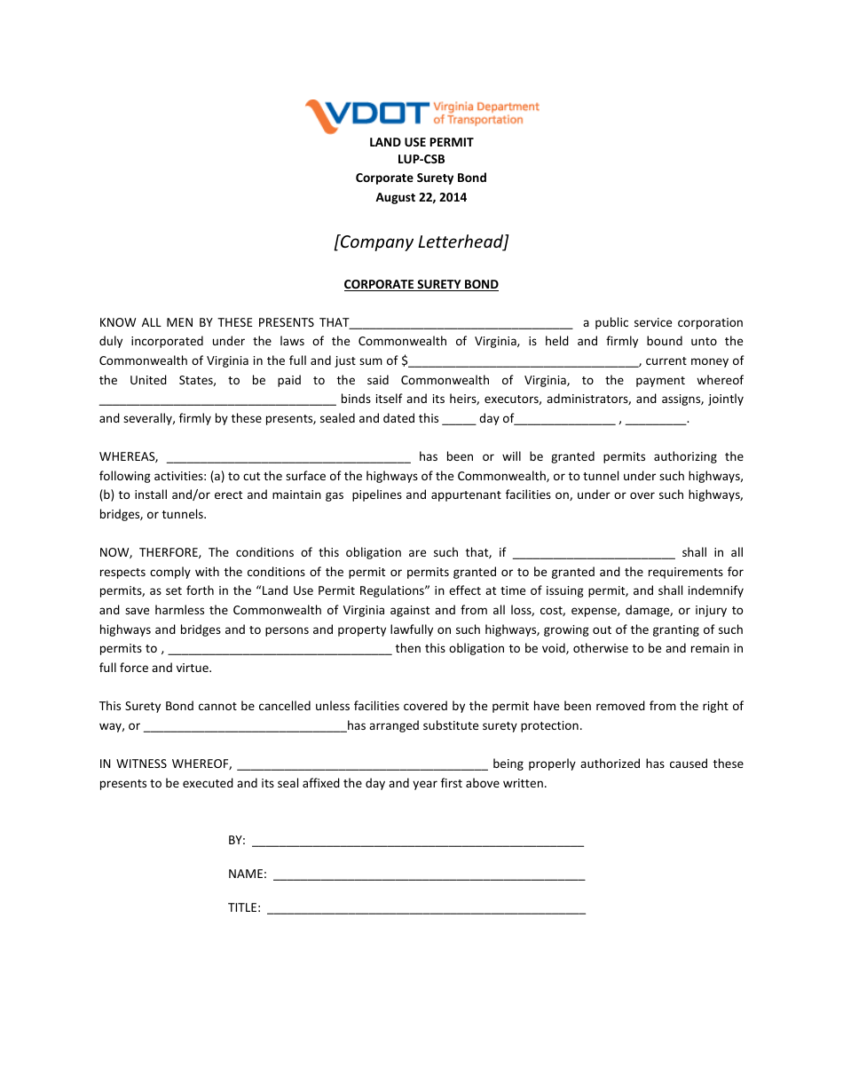 Form LUP-CSB Land Use Permit - Corporate Surety Bond - Virginia, Page 1