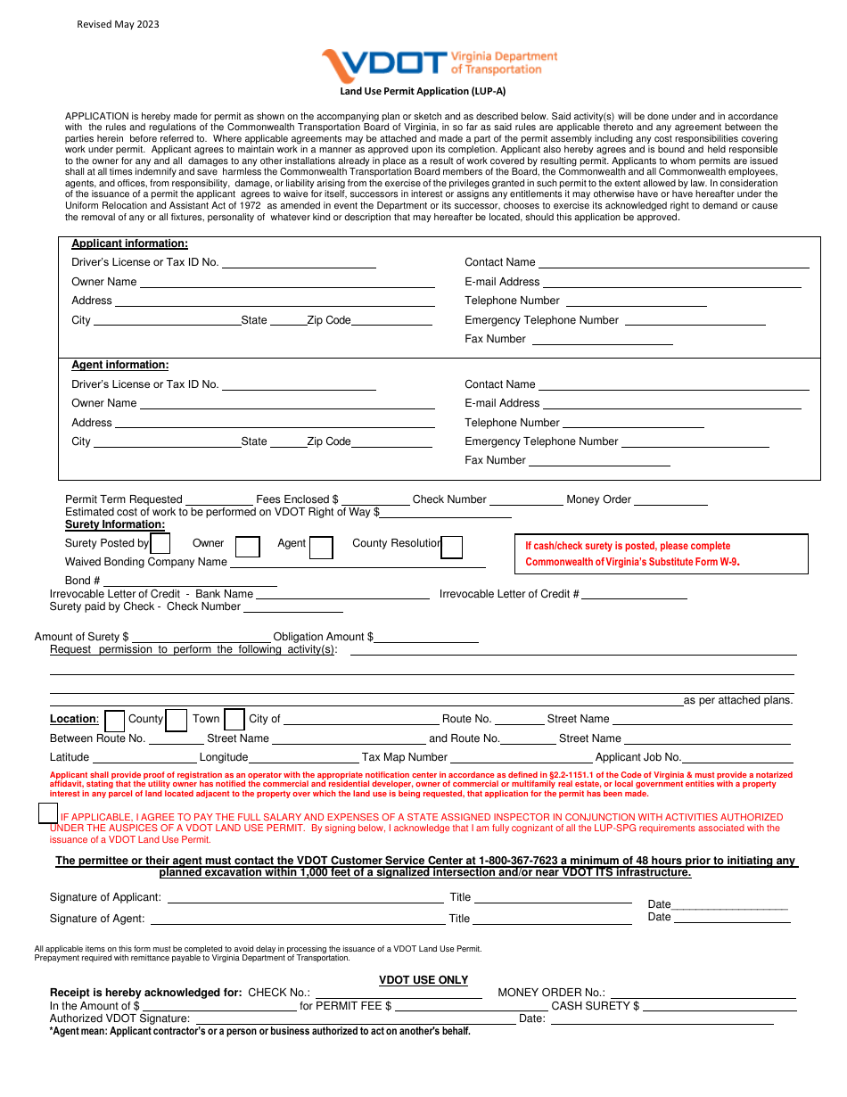 Form LUP-A Land Use Permit Application - Virginia, Page 1