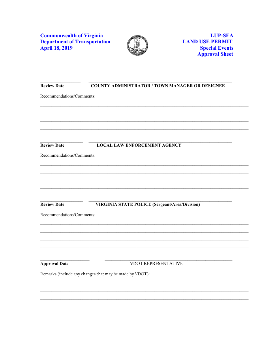 Form LUP-SEA Special Events Approval Sheet - Virginia, Page 1