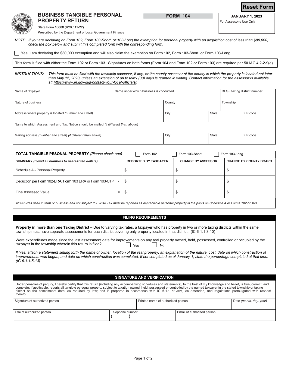 Form 104 (State Form 10068) Business Tangible Personal Property Return - Indiana, Page 1