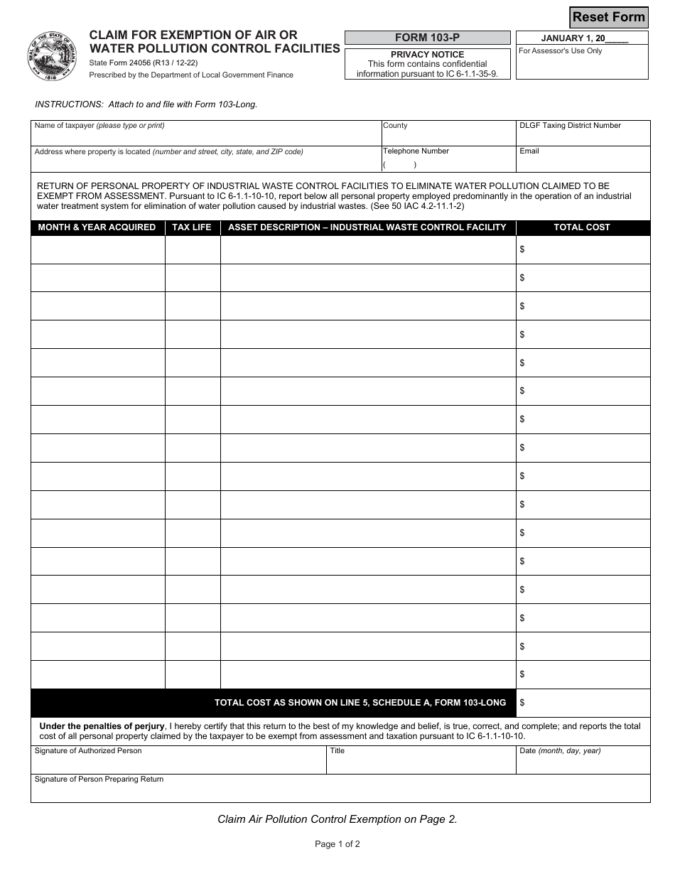 State Form 24056 (103-P) Claim for Exemption of Air or Water Pollution Control Facilities - Indiana, Page 1