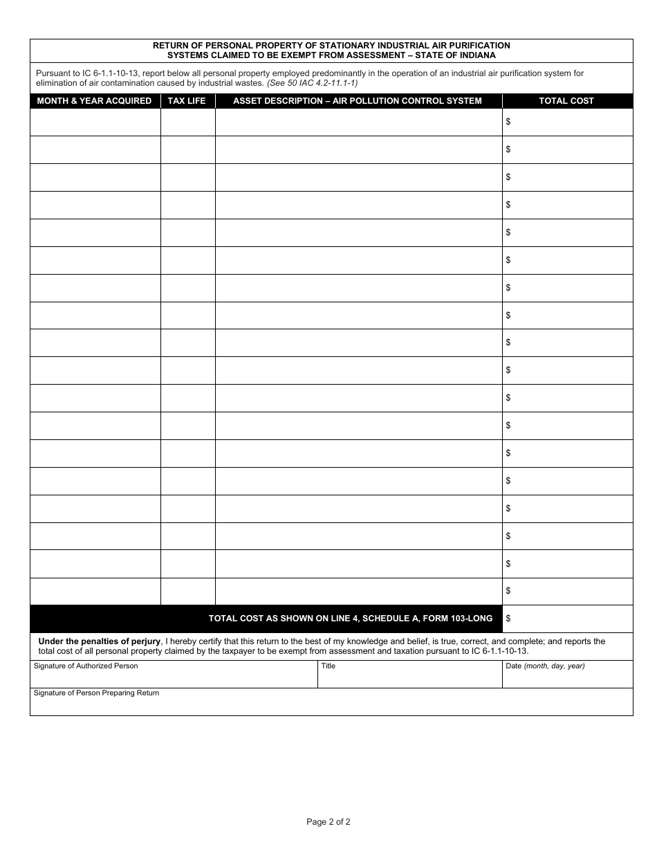 State Form 24056 (103-P) Claim for Exemption of Air or Water Pollution Control Facilities - Indiana, Page 2