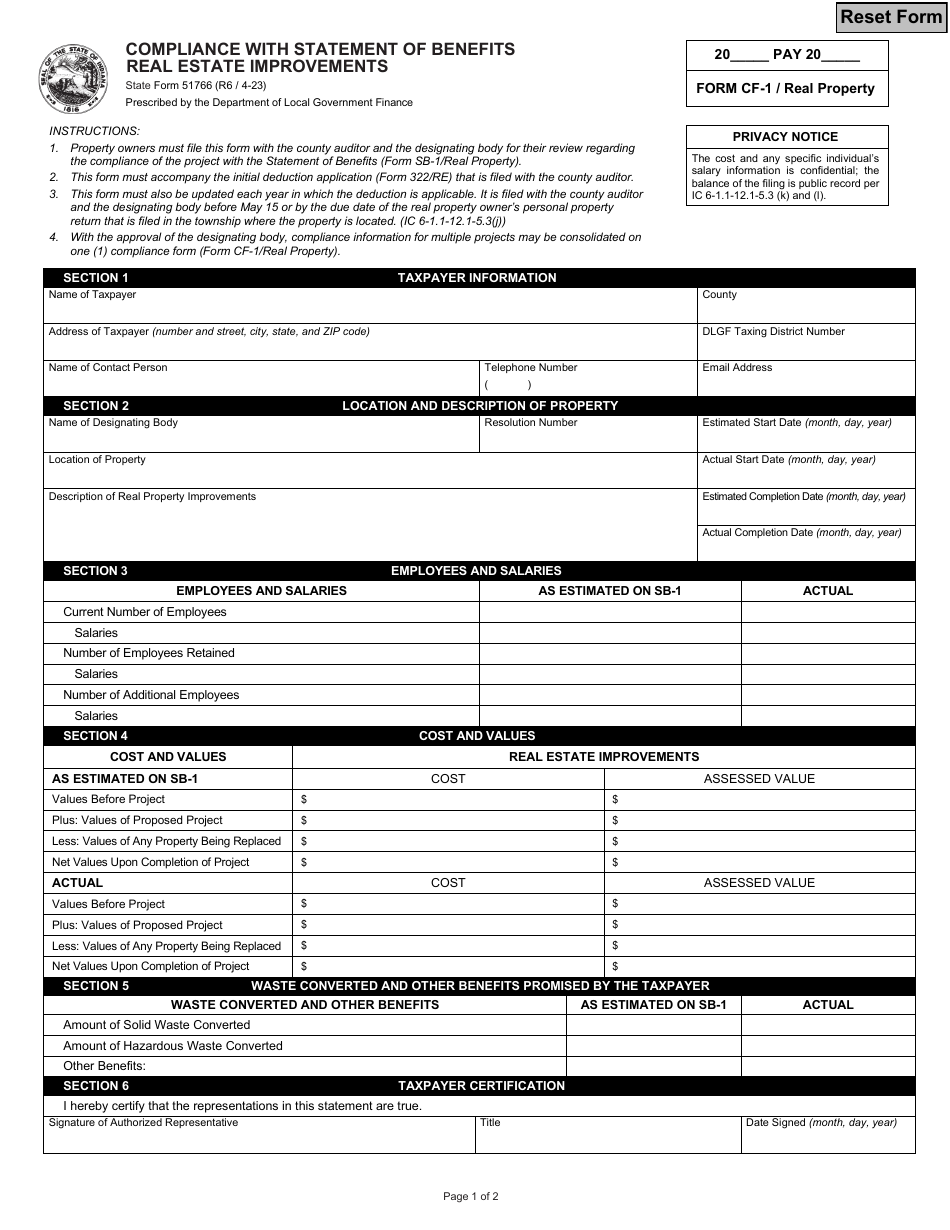 State Form 51766 (CF-1 / REAL PROPERTY) Compliance With Statement of Benefits - Real Estate Improvements - Indiana, Page 1
