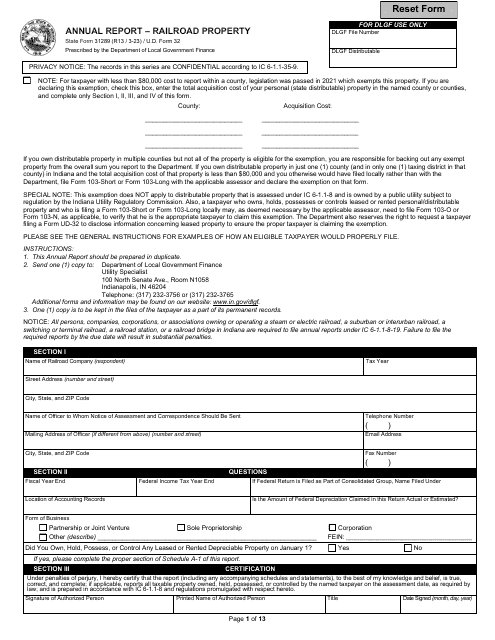State Form 31289 (U.D. Form 32) Annual Report - Railroad Property - Indiana