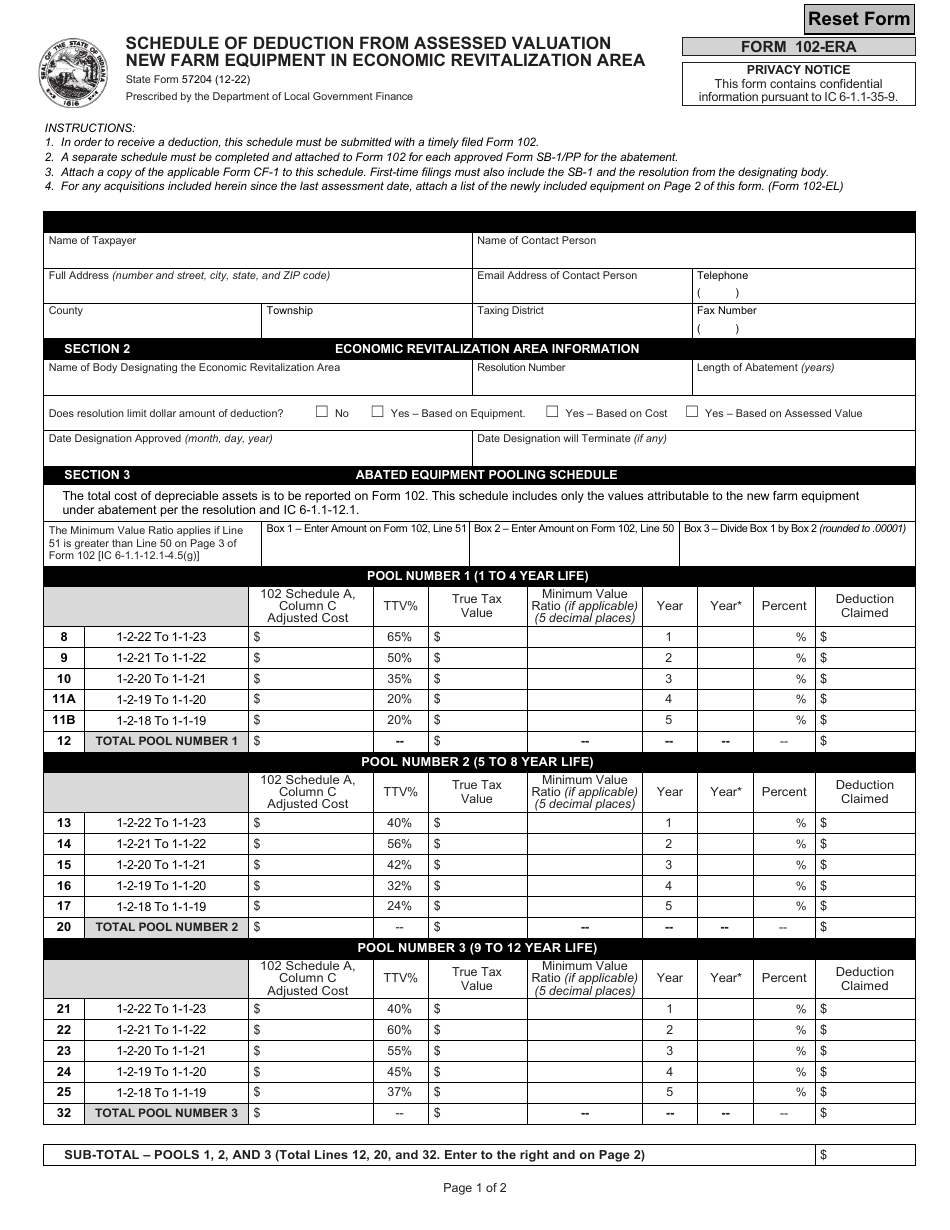 State Form 57204 (102-ERA) Schedule of Deduction From Assessed Valuation New Farm Equipment in Economic Revitalization Area - Indiana, Page 1