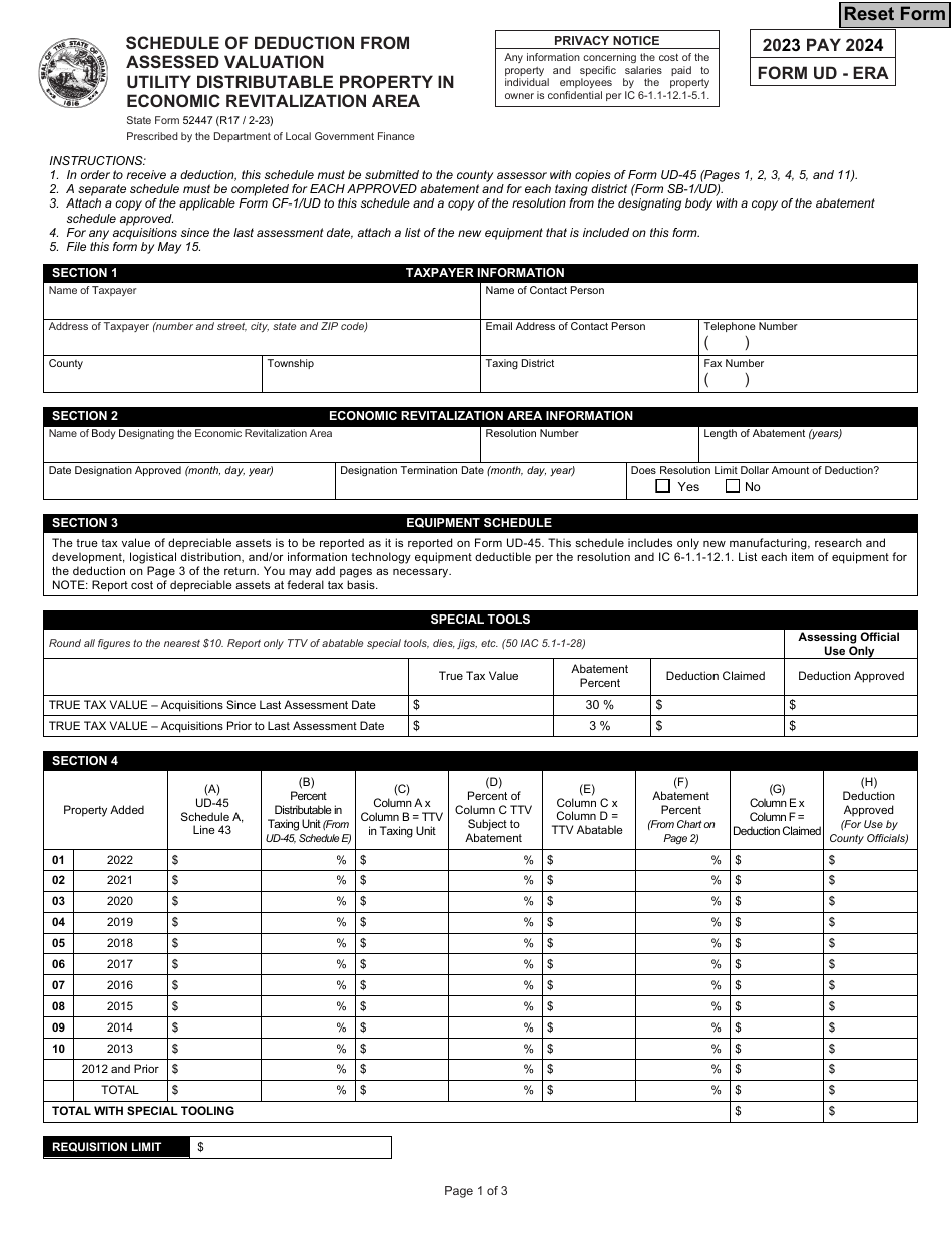 State Form 52447 (UD-ERA) Schedule of Deduction From Assessed Valuation Utility Distributable Property in Economic Revitalization Area - Indiana, Page 1