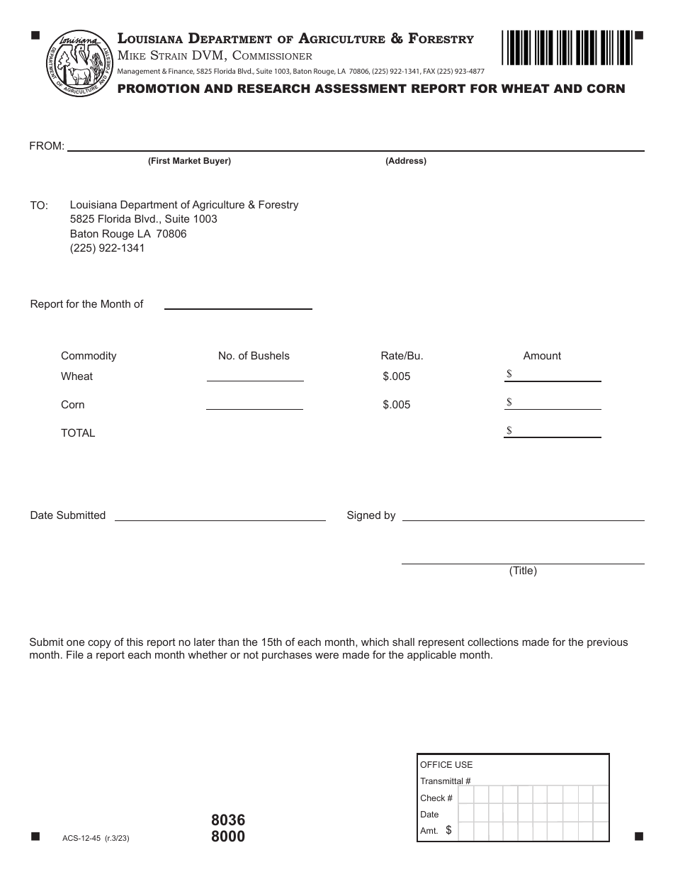 Form ACS-12-45 Promotion and Research Assessment Report for Wheat and Corn - Louisiana, Page 1