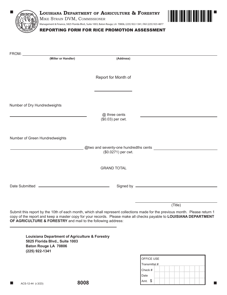 Form ACS-12-44 Reporting Form for Rice Promotion Assessment - Louisiana, Page 1