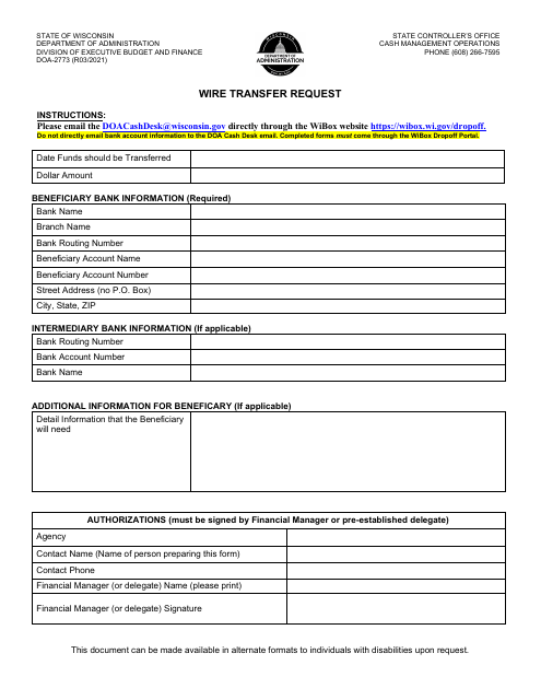 Form DOA-2773 Wire Transfer Request - Wisconsin