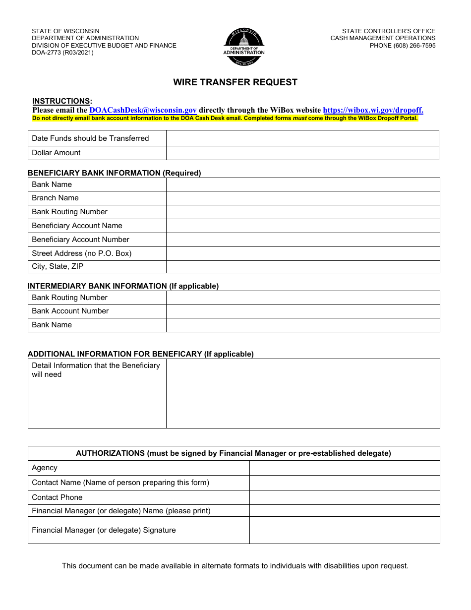 Form DOA-2773 Wire Transfer Request - Wisconsin, Page 1