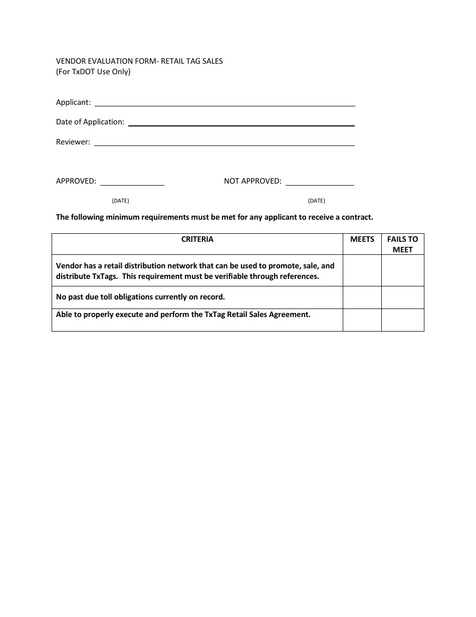 Vendor Evaluation Form - Retail Tag Sales - Texas, Page 1