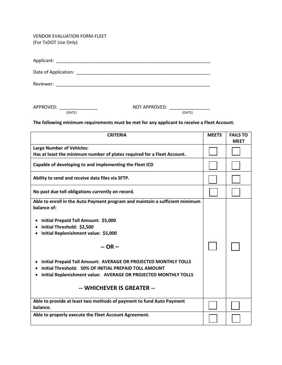 Vendor Evaluation Form - Fleet - Texas, Page 1