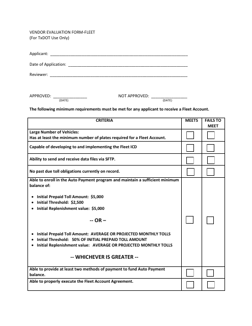 Vendor Evaluation Form - Fleet - Texas Download Pdf