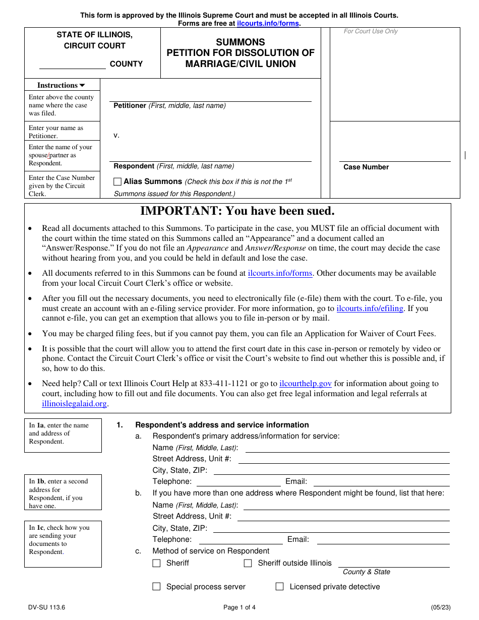 Form DV-SU113.6 Summons Petition for Dissolution of Marriage / Civil Union - Illinois, Page 1