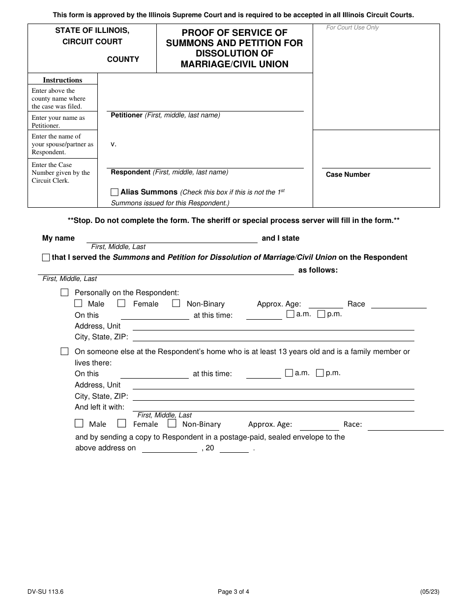 Form DV-SU113.6 Summons Petition for Dissolution of Marriage / Civil Union - Illinois, Page 3
