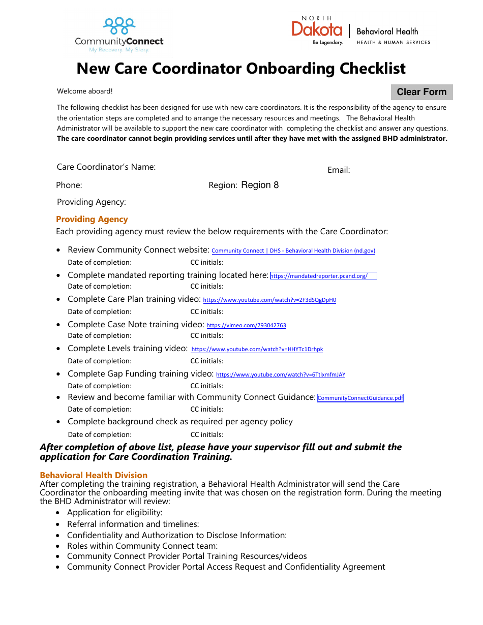 New Care Coordinator Onboarding Checklist - North Dakota, Page 1