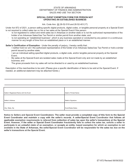Form ET-972 Special Event Exemption Form for Person Not Operating an Established Business - Arkansas
