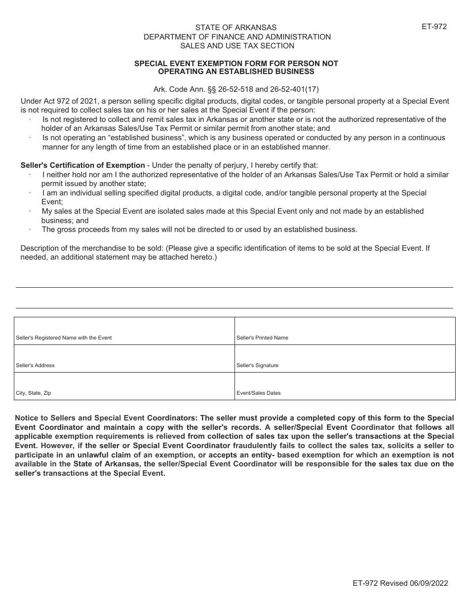 Form ET-972 Special Event Exemption Form for Person Not Operating an Established Business - Arkansas, Page 1