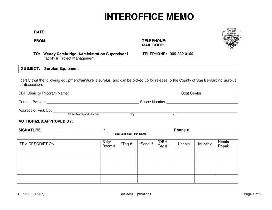 Form BOP019 Interoffice Memo - San Bernardino County, California, Page 1